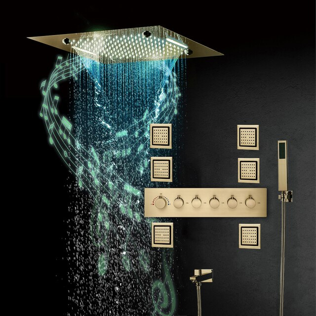 Fontana Dijon Remote Controlled Brushed Gold Thermostatic LED Recessed Ceiling Mount Rainfall Waterfall Musical Shower System Remote Controlled with Jetted Body Sprays and Hand Shower